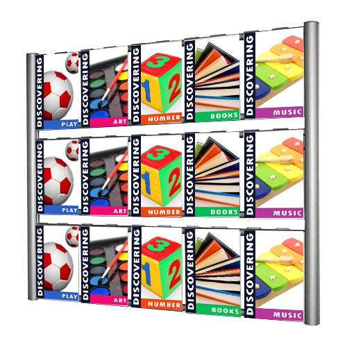 Hook over poster holders on wall mount ladder display